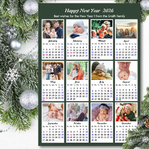 Modern Sage Green 2025 Calendar 12 Photo Collage Holiday Card