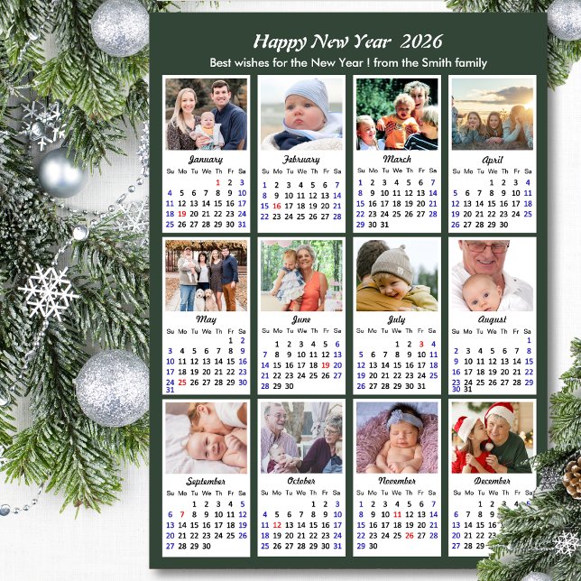 Modern Sage Green 2026 Calendar 12 Photo Collage Holiday Card (Creator Uploaded)