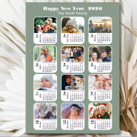 Modern Sage Green 2026 Calendar 12 Photo Magnetic