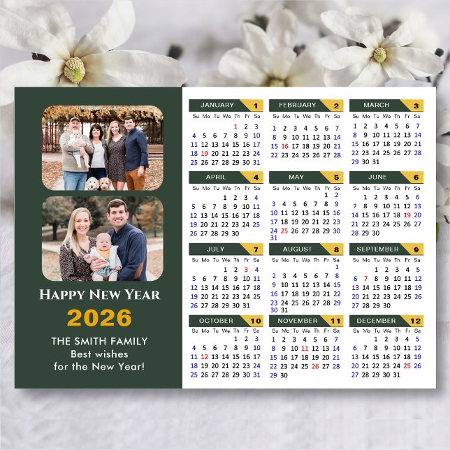 Modern Sage Green 2026 Calendar Minimalist 2 Photo Holiday Card (Creator Uploaded)