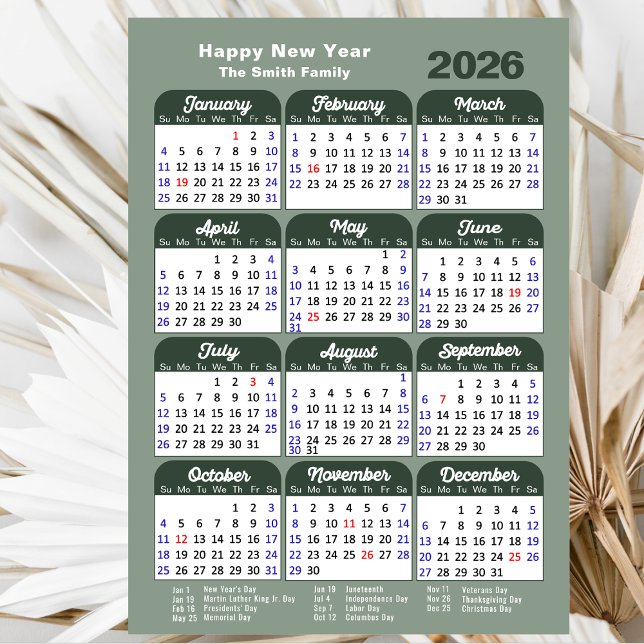 Modern Sage Green 2026 Calendar Minimalist Script Holiday Card (Creator Uploaded)