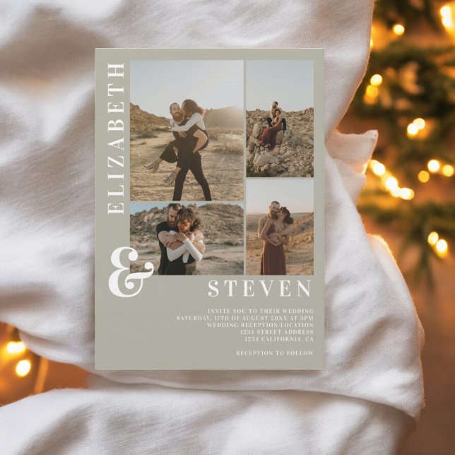 Modern sage green ampersand 5 photo grid wedding invitation (Modern sage green ampersand 5 photo grid wedding invitation)