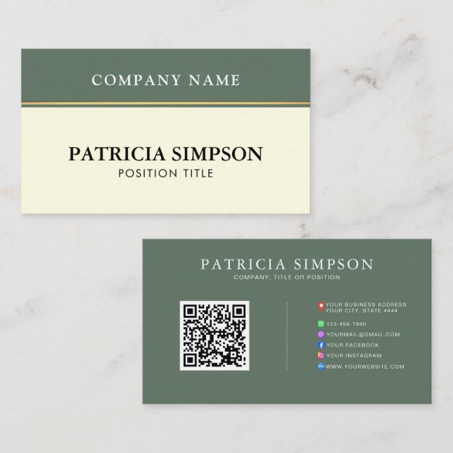 Modern Sage Green and Beige Cream QR Code Template Business Card (Front/Back)