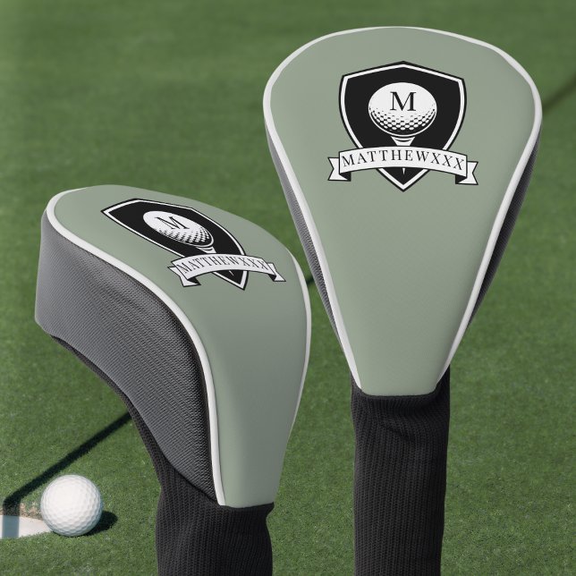 Modern Sage Green and Black Name Initial Monogram Golf Head Cover (Modern Sage Green and Black Name Initial Monogram Golf Head Cover)