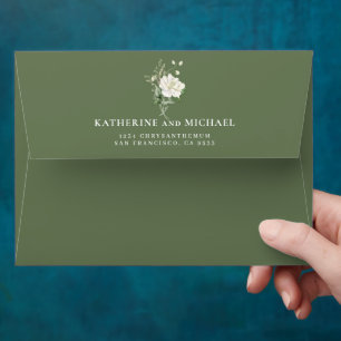 Modern sage green and elegant rose ivory wedding envelope