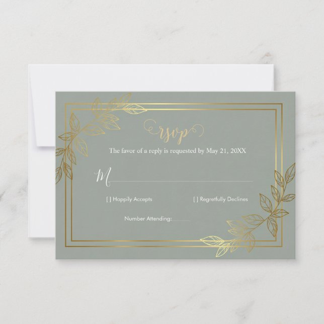 Modern Sage Green and Gold Foil Botanical Elegant RSVP Card (Front)