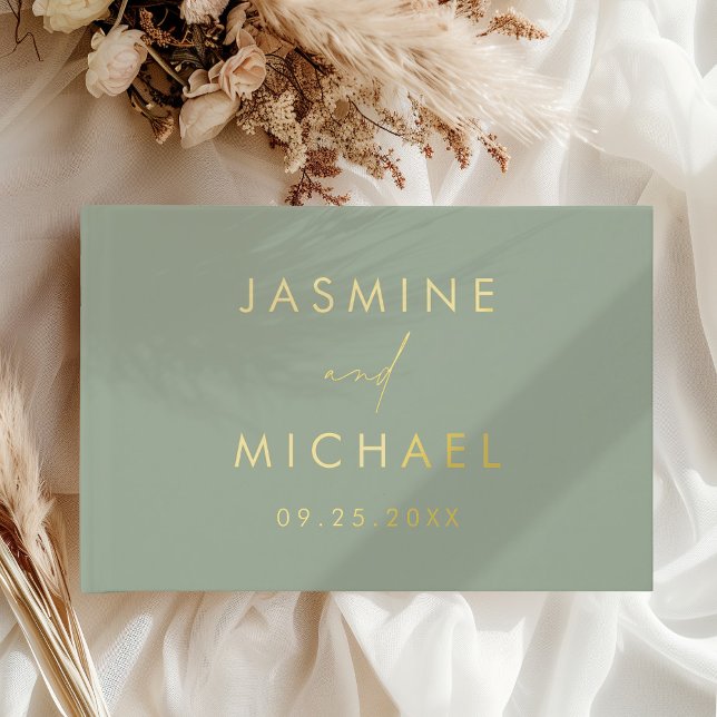 Modern Sage Green and Gold Foil Photo Wedding Guest Book (Creator Uploaded)