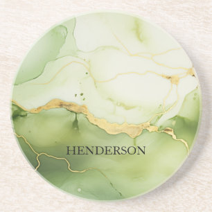 Modern Sage Green and Gold Personalised Monogram Coaster