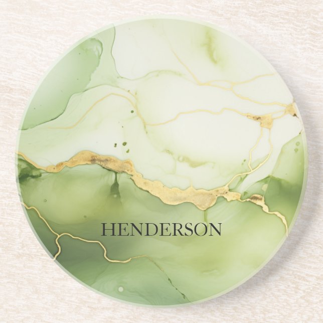 Modern Sage Green and Gold Personalised Monogram Coaster (Front)
