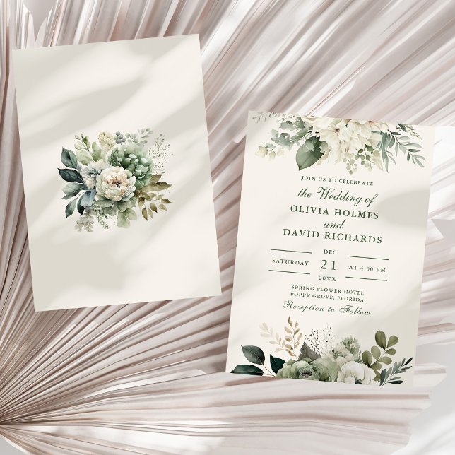 Modern Sage Green and Ivory Flowers Wedding Invitation (Modern Sage Green and Ivory Flowers Wedding Invitation on a sunny white dry palm leaf.)