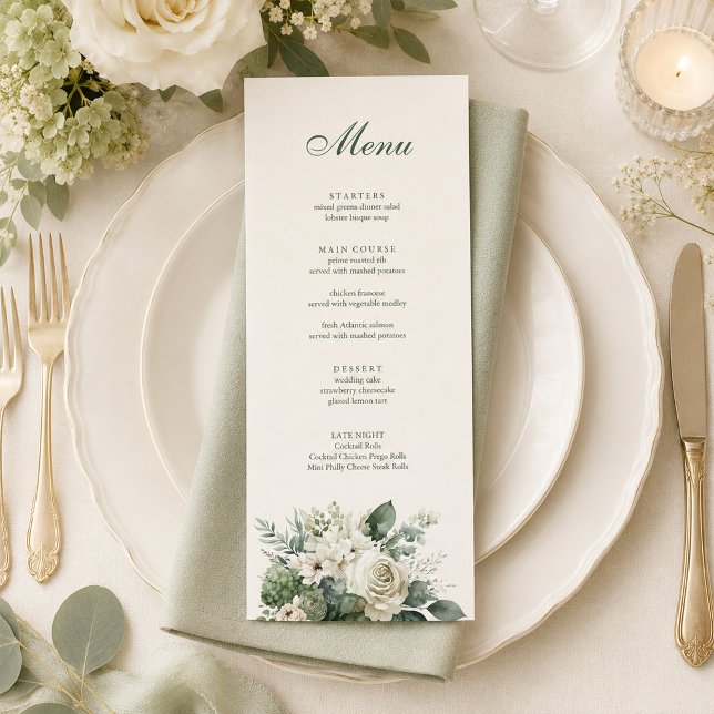 Modern Sage Green and Ivory Flowers Wedding Menu (Boho Sage Green and Ivory Flowers Wedding Menu on an elegant wedding dinner table with flowers)