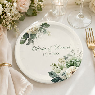 Modern Sage Green and Ivory Flowers Wedding Paper Plate