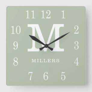 Modern Sage Green And White Family Name Monogram  Square Wall Clock