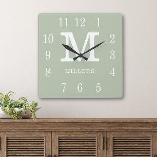 Modern Sage Green And White Family Name Monogram Square Wall Clock