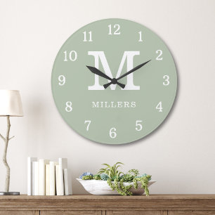 Modern Sage Green And White Monogram Family Name Large Clock