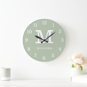 Modern Sage Green And White Monogram Family Name Large Clock