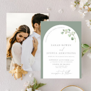 Modern Sage Green Arch Botanical Photo Wedding Inv Invitation