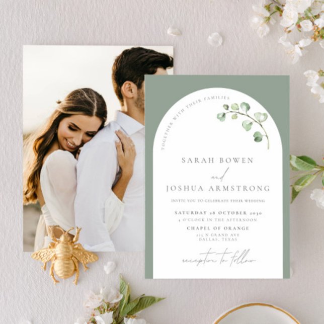 Modern Sage Green Arch Botanical Photo Wedding Inv Invitation (Creator Uploaded)