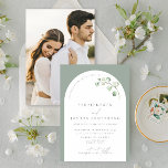 Modern Sage Green Arch Botanical Photo Wedding Invitation<br><div class="desc">Are you looking for a modern and elegant wedding invitation that will make a statement? Look no further than our Modern Sage Green Arch Botanical Script Photo Wedding Invitation! This sleek and stylish invitation features a white arch on a crisp sage green background, with delicate watercolor botanical accents and delicate...</div>