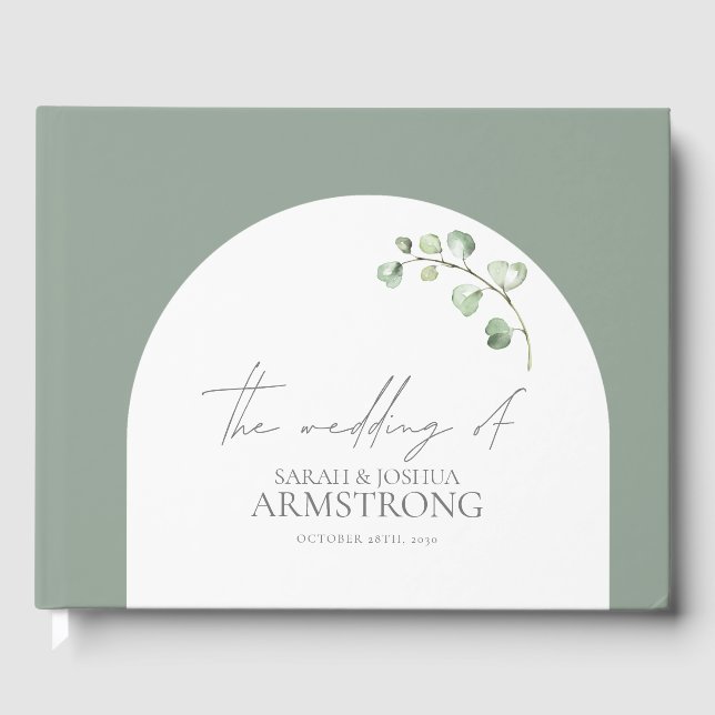 Modern Sage Green Arch Botanical Script Wedding Guest Book (Front)