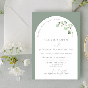 Modern Sage Green Arch Botanical Script Wedding In Invitation