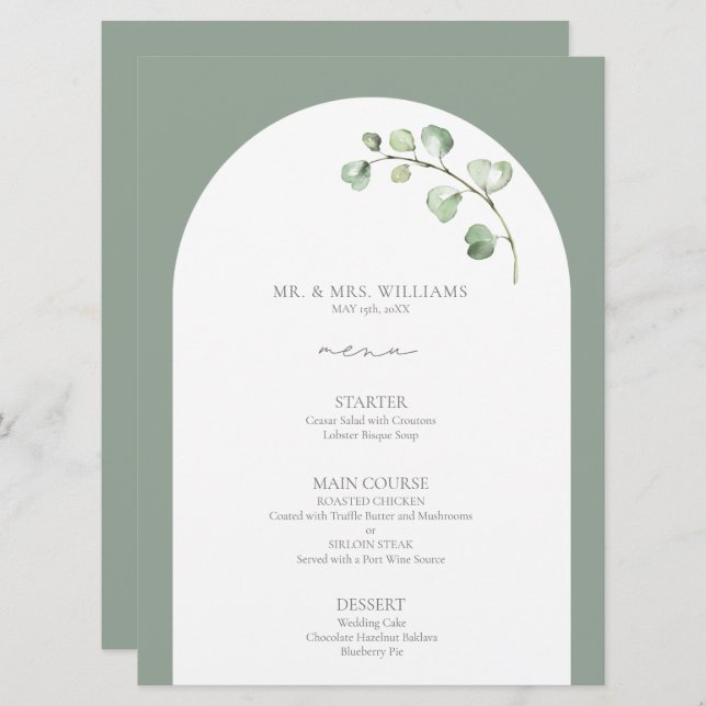 Modern Sage Green Arch Botanical Script Wedding Menu (Front/Back)