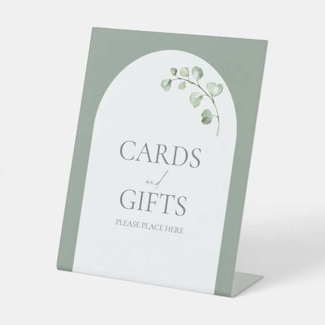 Modern Sage Green Arch Botanical Wedding Gift Pedestal Sign (Front)
