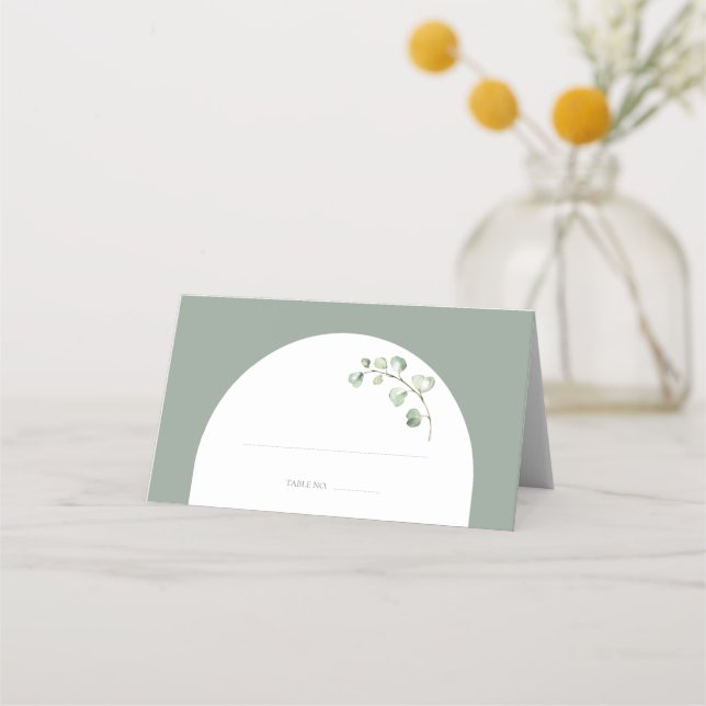 Modern Sage Green Arch Botanical Wedding Place Card (Front)