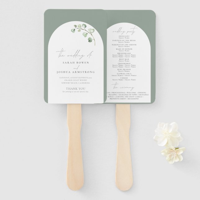 Modern Sage Green Arch Botanical Wedding Program Hand Fan (Front and Back)