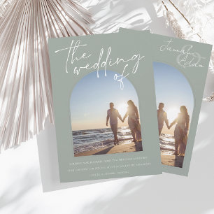 Modern Sage Green Arch Initial Photo Wedding Invitation