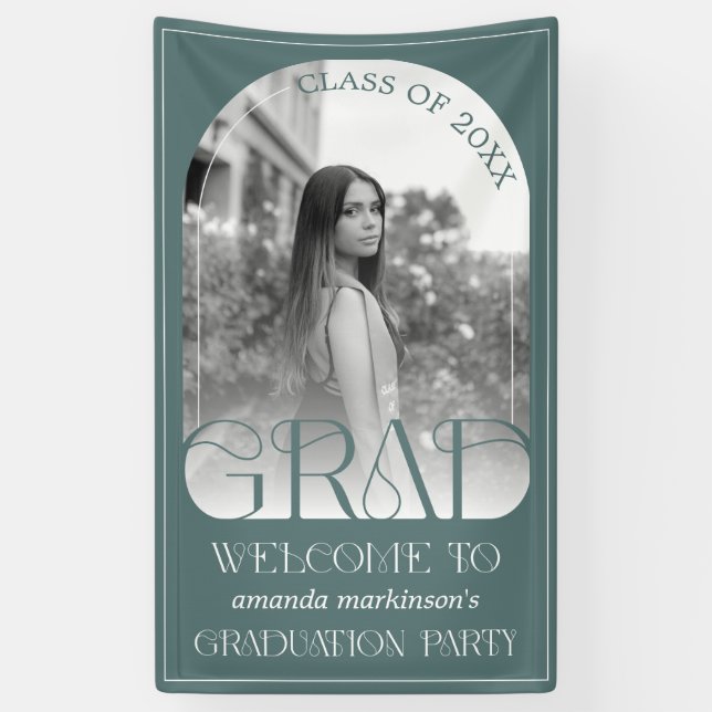 Modern Sage Green Arch Photo Graduation Welcome  Banner (Vertical)