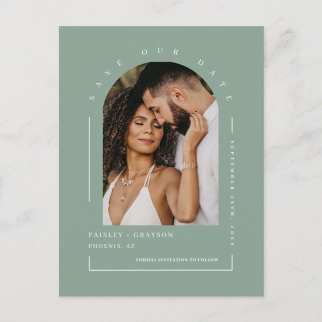 Modern Sage Green Arch Photo QR Code Save Our Date Postcard (Front)