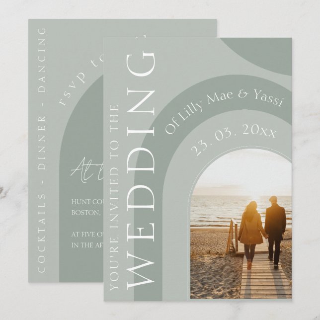 Modern Sage Green Arch Photo Wedding Invitation (Front/Back)