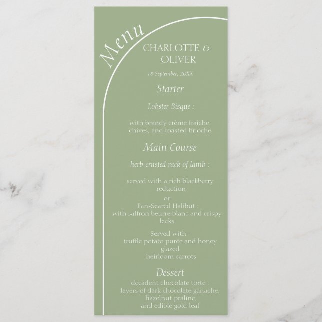 Modern Sage Green Arch Wedding Reception Menu Card (Front)