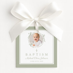 Modern Sage Green Baptism Photo Favour Tags