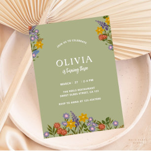 Modern Sage Green Birthday Floral Elegant Greenery Invitation