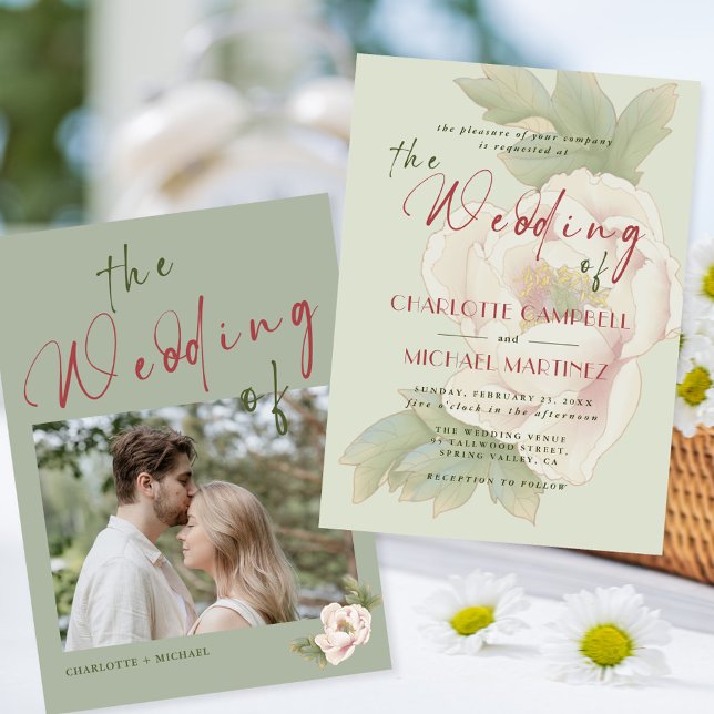 Modern Sage Green Blush Peony Floral Photo Wedding Invitation (Creator Uploaded)