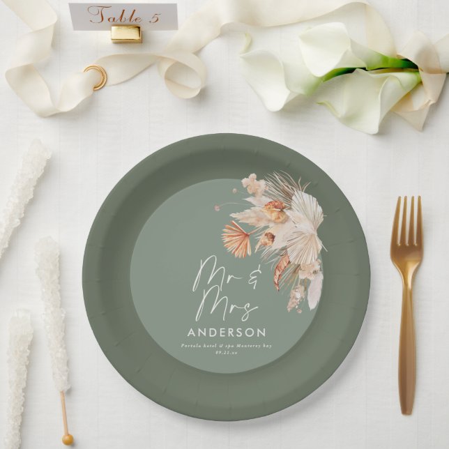 modern sage green bohemian pampas grass Mr & Mrs  Paper Plate (Wedding)
