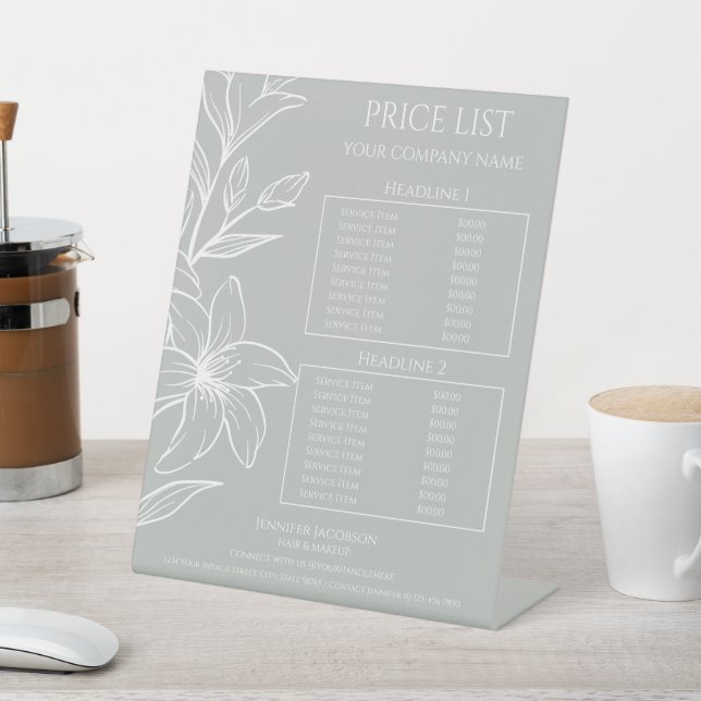 Modern Sage Green Boho Floral Price List Pedestal Sign (In SItu)