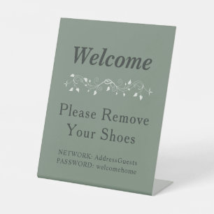 Modern Sage Green Boho Remove Shoes WiFi Pedestal Sign