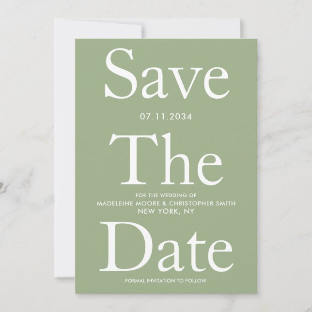 Modern Sage Green Bold Letters Save The Date (Front)