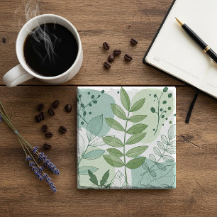 Modern Sage Green Botanical Leaf Pattern Stone Coaster