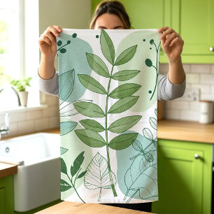 Modern Sage Green Botanical Leaf Pattern Tea Towel