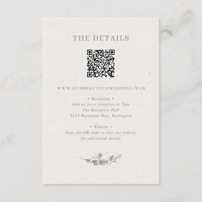 Modern Sage Green Botanical QR Code Wedding Enclosure Card (Front)