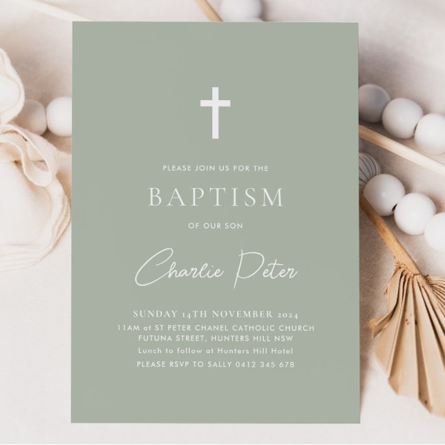 Modern Sage Green Boys Cross Christening Baptism   Invitation (Sage Green Boy's Baptism Invitation. Modern Christening Invitation.)