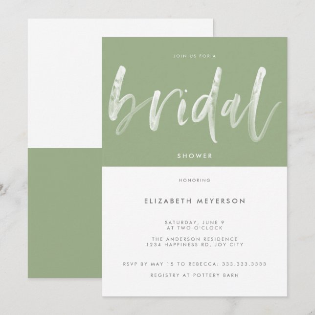 Modern Sage Green Brush Calligraphy Bridal Shower Invitation (Front/Back)