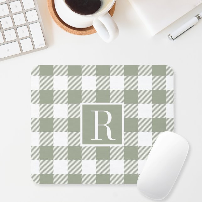 Modern Sage Green Buffalo Check Monogram Initial Mouse Pad (Creator Uploaded)
