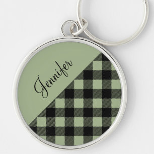Modern Sage Green Buffalo Check Name Key Ring