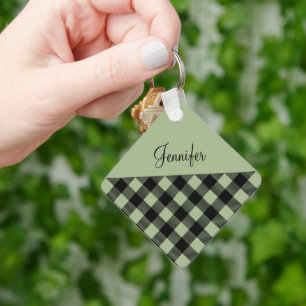 Modern Sage Green Buffalo Plaid Name Key Ring