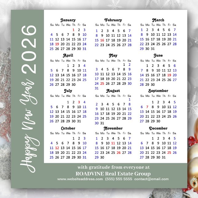 Modern Sage Green Business 2026 Calendar Simple Holiday Card (Creator Uploaded)